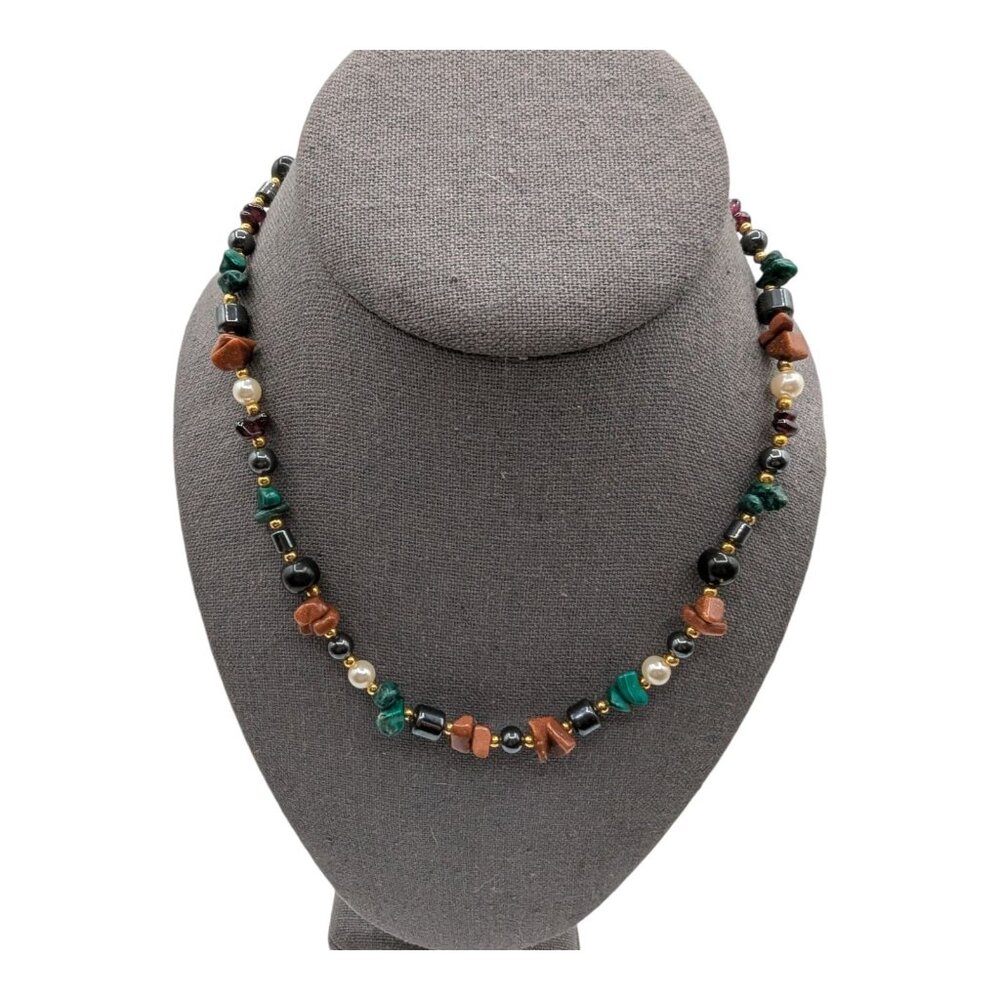 Vintage Beaded Necklace With Mixed Gemstones Faux Pearl & Gold-Tone Clasp 16"